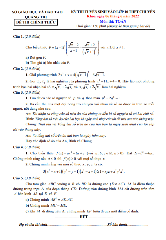 Đề tuyển sinh lớp 10 THPT chuyên môn Toán năm 2022 – 2023 sở GD&ĐT Quảng Trị