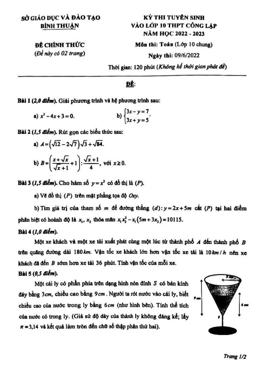 Đề tuyển sinh lớp 10 THPT môn Toán (chung) năm 2022 – 2023 sở GD&ĐT Bình Thuận