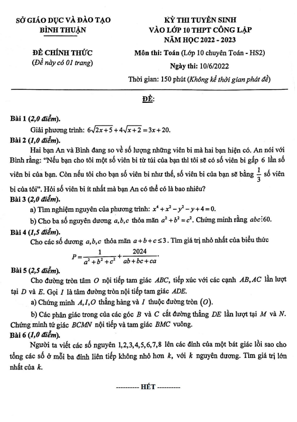 Đề tuyển sinh lớp 10 THPT môn Toán (chuyên) năm 2022 – 2023 sở GD&ĐT Bình Thuận