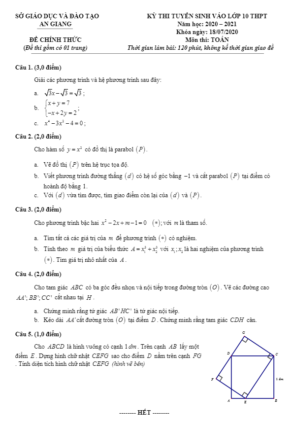 Đề tuyển sinh lớp 10 THPT môn Toán năm 2020 – 2021 sở GD&ĐT An Giang