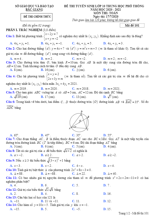 Đề tuyển sinh lớp 10 THPT môn Toán năm 2020 – 2021 sở GD&ĐT Bắc Giang