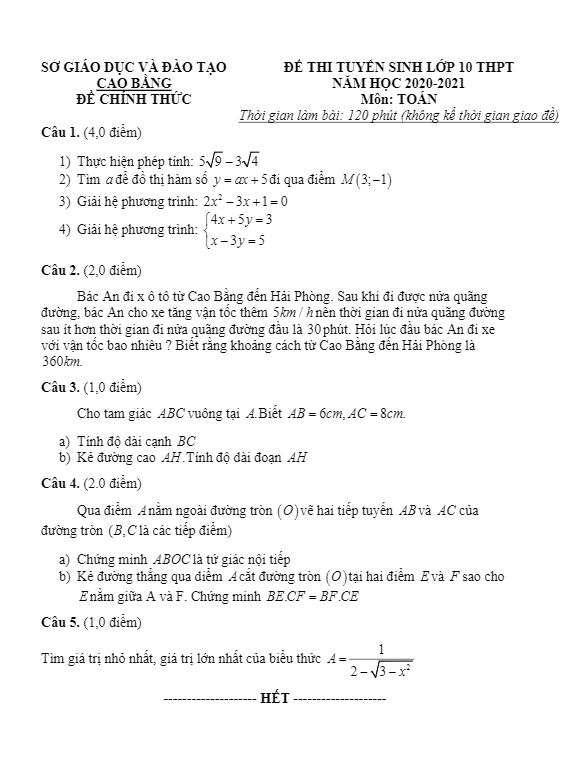 Đề tuyển sinh lớp 10 THPT môn Toán năm 2020 – 2021 sở GD&ĐT Cao Bằng