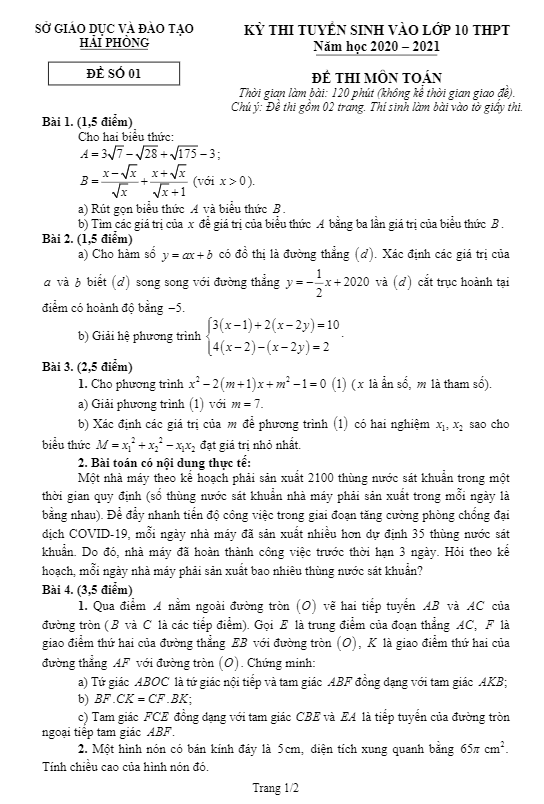 Đề tuyển sinh lớp 10 THPT môn Toán năm 2020 – 2021 sở GD&ĐT Hải Phòng