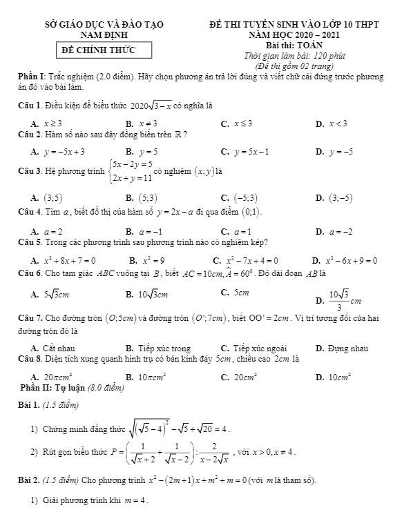 Đề tuyển sinh lớp 10 THPT môn Toán năm 2020 – 2021 sở GD&ĐT Nam Định