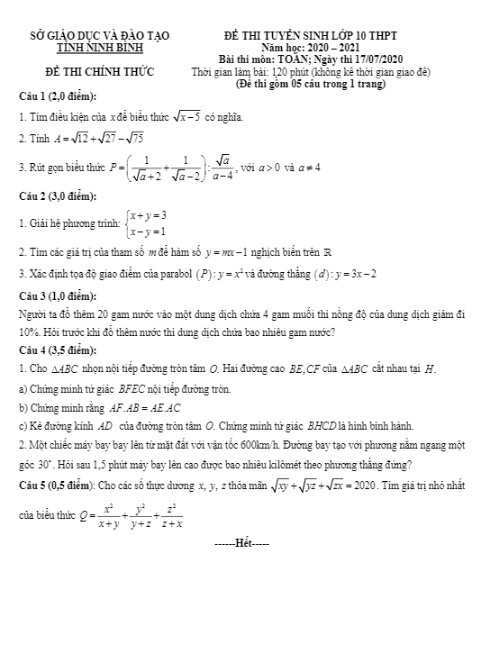 Đề tuyển sinh lớp 10 THPT môn Toán năm 2020 – 2021 sở GD&ĐT Ninh Bình