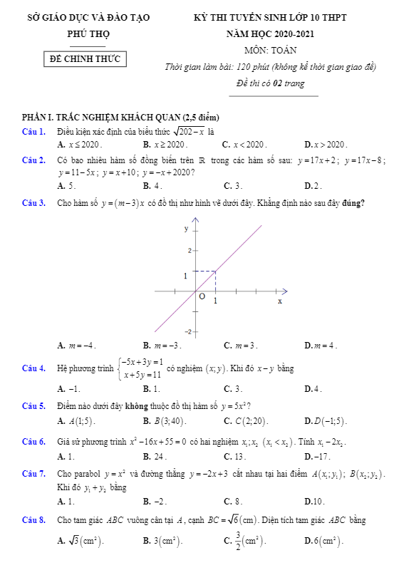 Đề tuyển sinh lớp 10 THPT môn Toán năm 2020 – 2021 sở GD&ĐT Phú Thọ