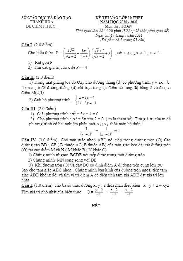 Đề tuyển sinh lớp 10 THPT môn Toán năm 2020 – 2021 sở GD&ĐT Thanh Hóa