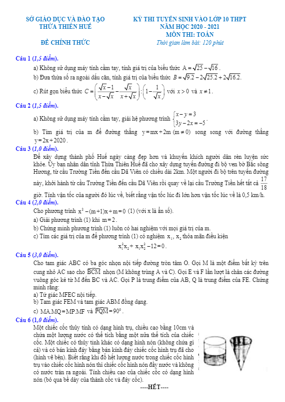 Đề tuyển sinh lớp 10 THPT môn Toán năm 2020 – 2021 sở GD&ĐT Thừa Thiên Huế