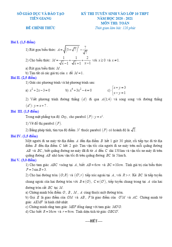 Đề tuyển sinh lớp 10 THPT môn Toán năm 2020 – 2021 sở GD&ĐT Tiền Giang