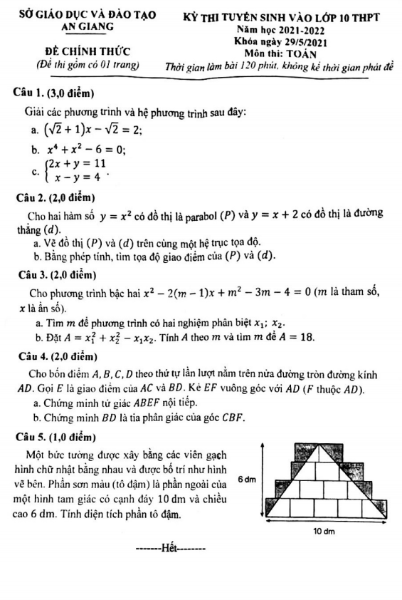 Đề tuyển sinh lớp 10 THPT môn Toán năm 2021 – 2022 sở GD&ĐT An Giang