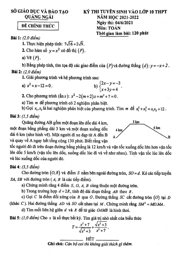 Đề tuyển sinh lớp 10 THPT môn Toán năm 2021 – 2022 sở GD&ĐT Quảng Ngãi