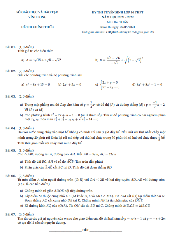 Đề tuyển sinh lớp 10 THPT môn Toán năm 2021 – 2022 sở GD&ĐT Vĩnh Long