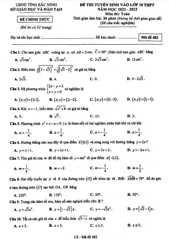 Đề tuyển sinh lớp 10 THPT môn Toán năm 2022 – 2023 sở GD&ĐT Bắc Ninh