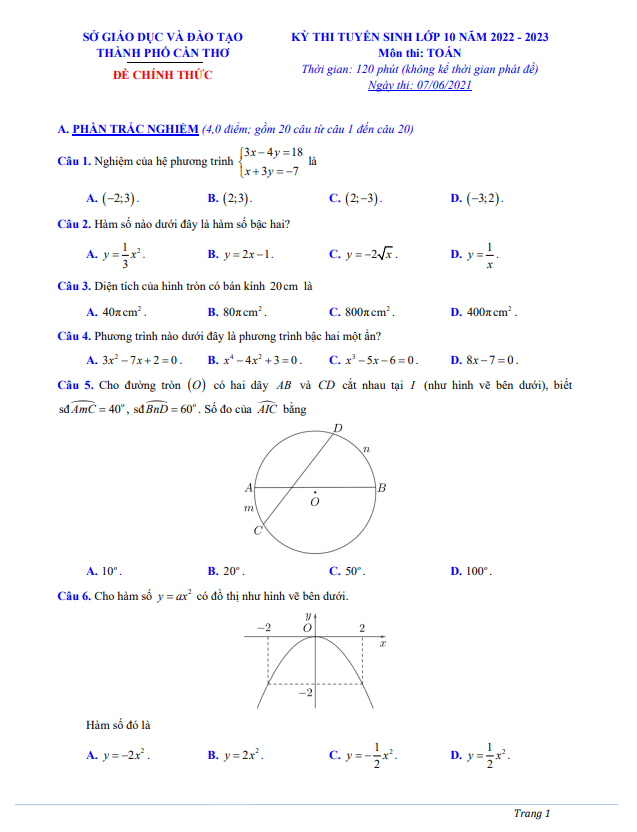 Đề tuyển sinh lớp 10 THPT môn Toán năm 2022 – 2023 sở GD&ĐT Cần Thơ
