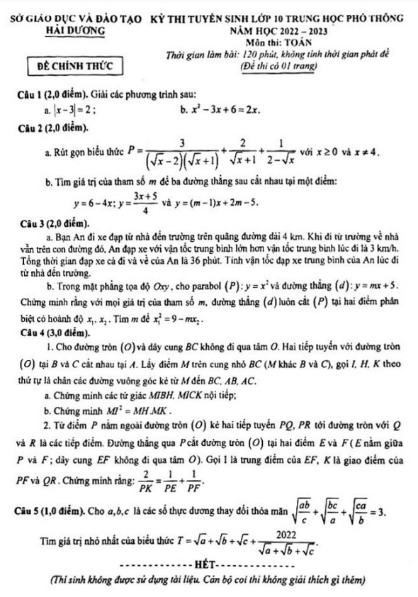 Đề tuyển sinh lớp 10 THPT môn Toán năm 2022 – 2023 sở GD&ĐT Hải Dương