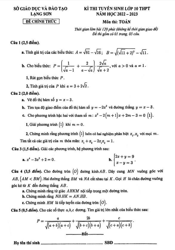 Đề tuyển sinh lớp 10 THPT môn Toán năm 2022 – 2023 sở GD&ĐT Lạng Sơn