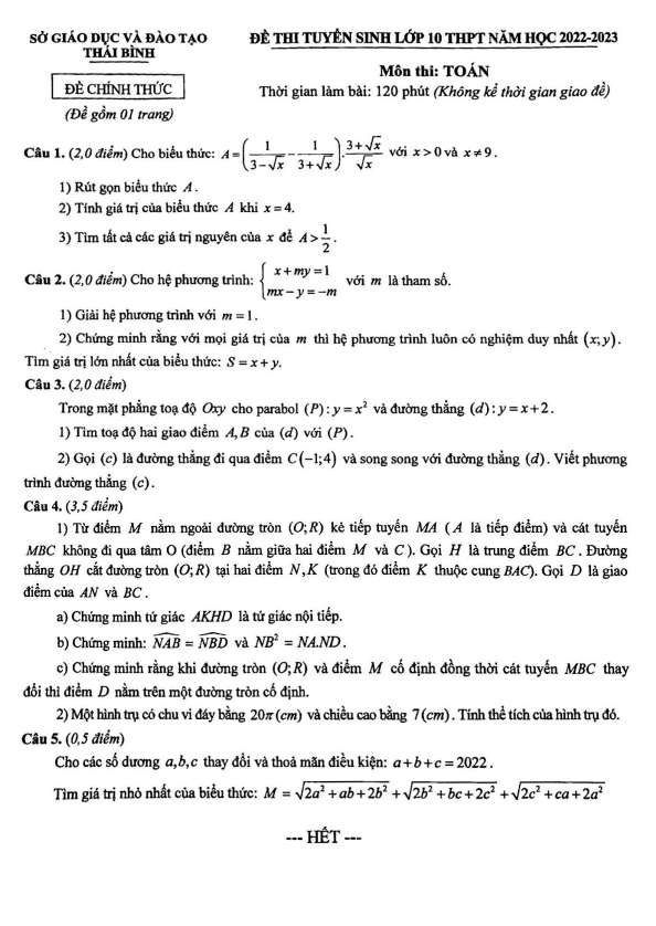 Đề tuyển sinh lớp 10 THPT môn Toán năm 2022 – 2023 sở GD&ĐT Thái Bình