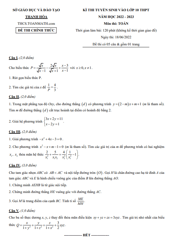 Đề tuyển sinh lớp 10 THPT môn Toán năm 2022 – 2023 sở GD&ĐT Thanh Hóa