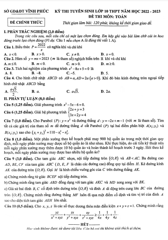 Đề tuyển sinh lớp 10 THPT môn Toán năm 2022 – 2023 sở GD&ĐT Vĩnh Phúc