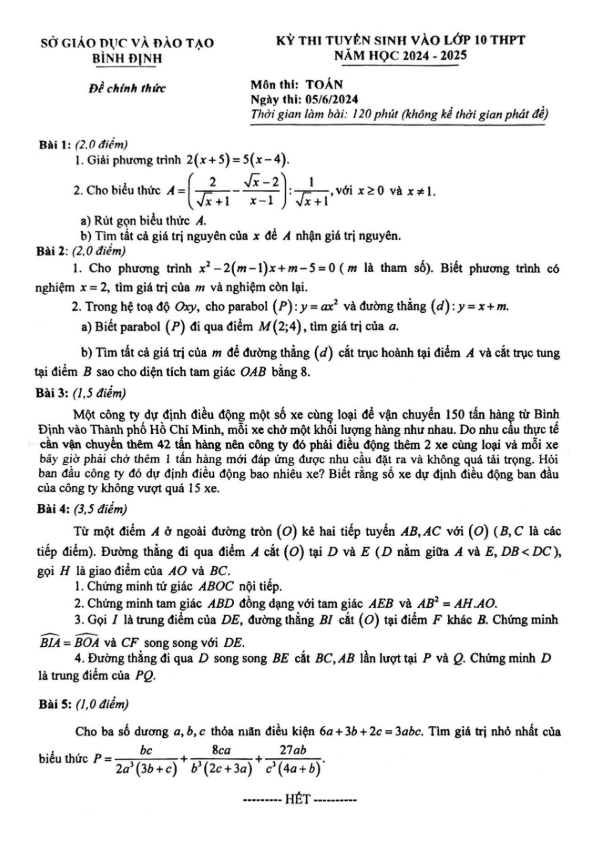 Đề tuyển sinh lớp 10 THPT môn Toán năm 2024 – 2025 sở GD&ĐT Bình Định