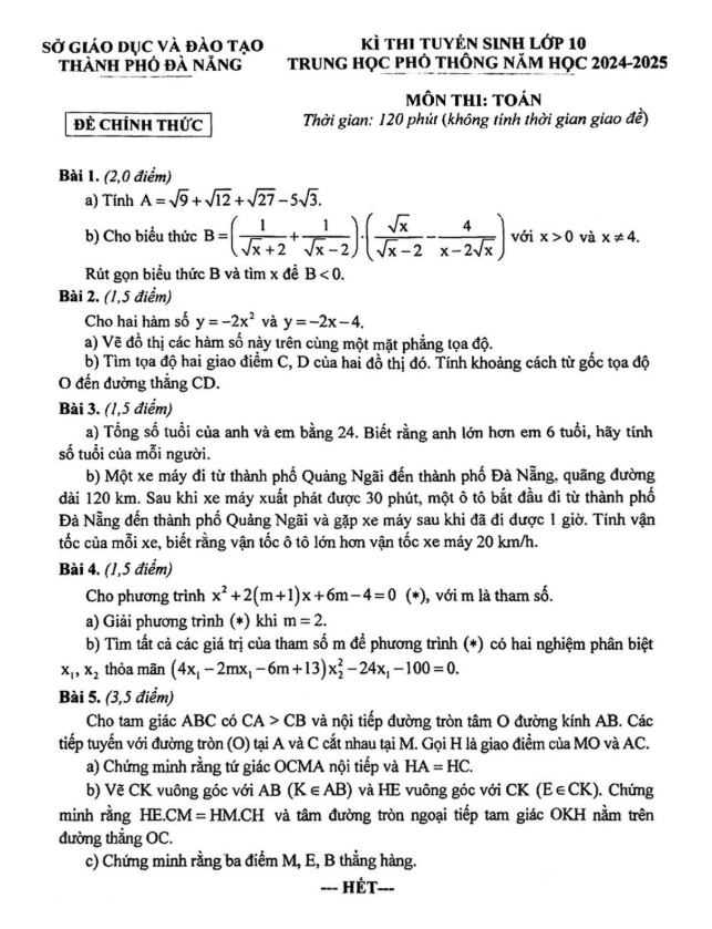 Đề tuyển sinh lớp 10 THPT môn Toán năm 2024 – 2025 sở GD&ĐT Đà Nẵng