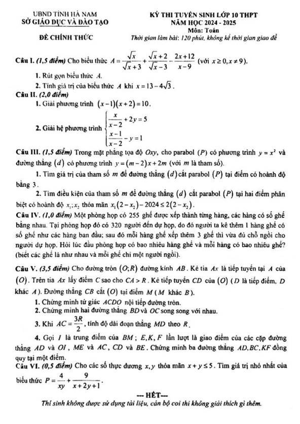 Đề tuyển sinh lớp 10 THPT môn Toán năm 2024 – 2025 sở GD&ĐT Hà Nam