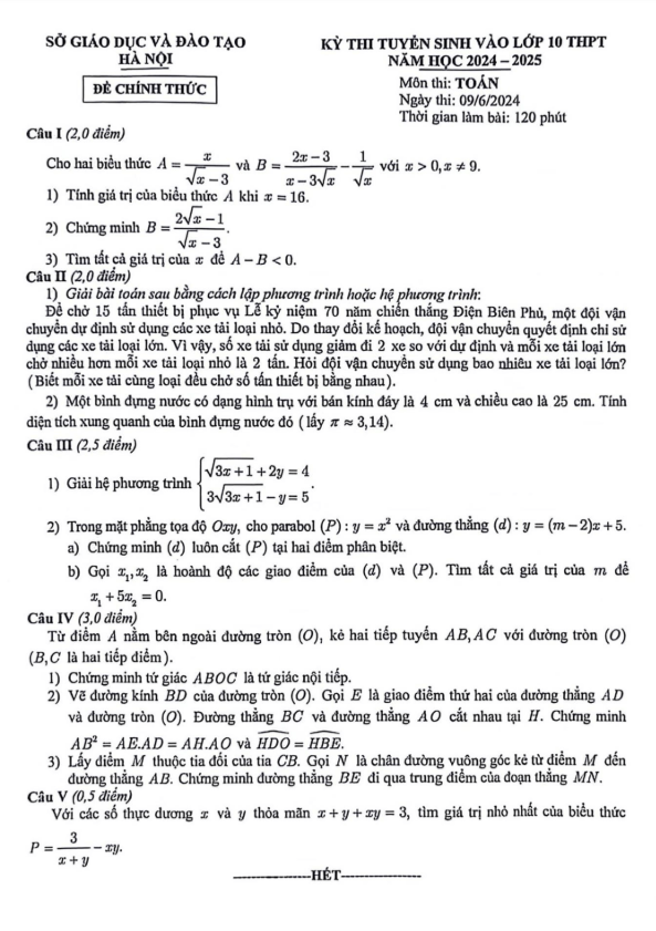 Đề tuyển sinh lớp 10 THPT môn Toán năm 2024 – 2025 sở GD&ĐT Hà Nội