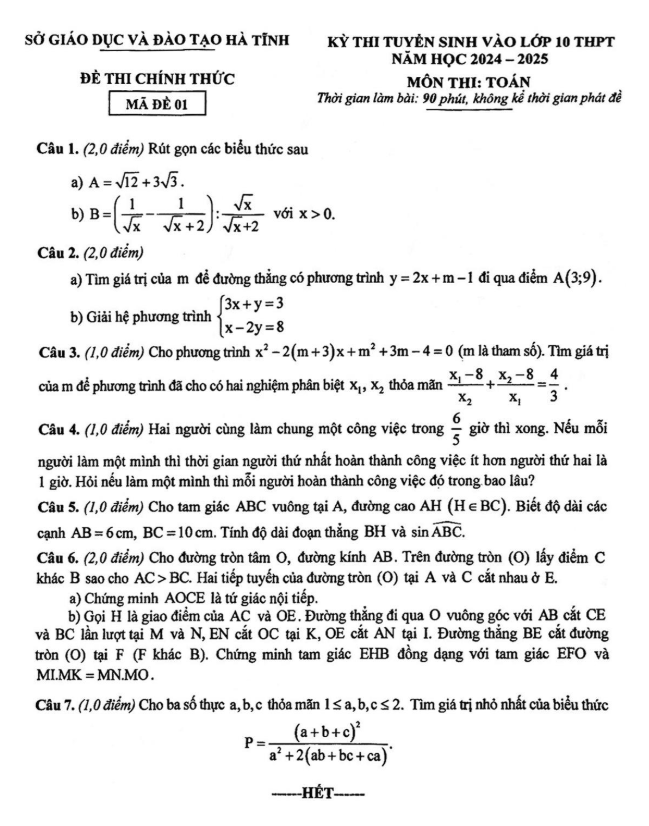 Đề tuyển sinh lớp 10 THPT môn Toán năm 2024 – 2025 sở GD&ĐT Hà Tĩnh