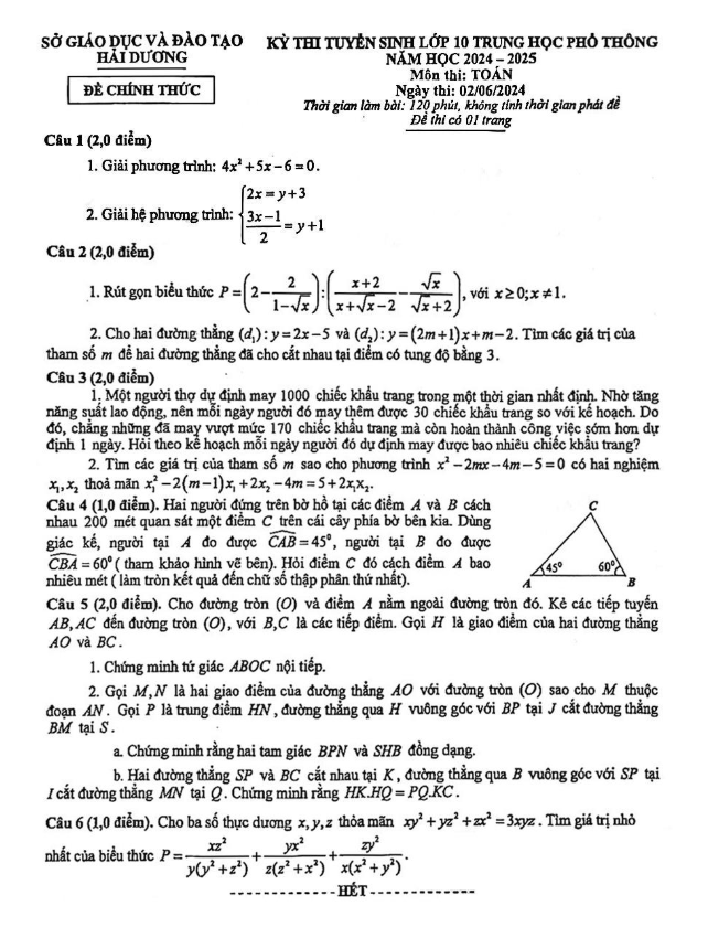 Đề tuyển sinh lớp 10 THPT môn Toán năm 2024 – 2025 sở GD&ĐT Hải Dương