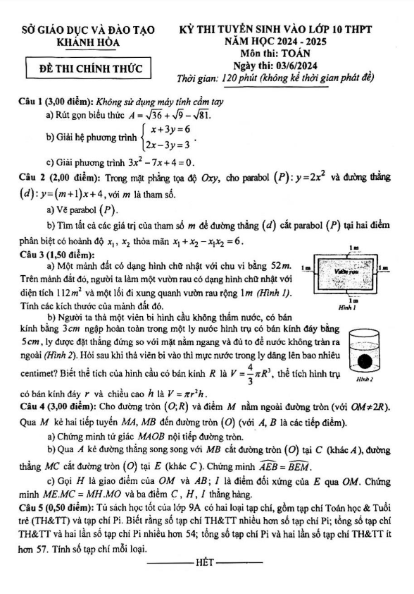 Đề tuyển sinh lớp 10 THPT môn Toán năm 2024 – 2025 sở GD&ĐT Khánh Hòa