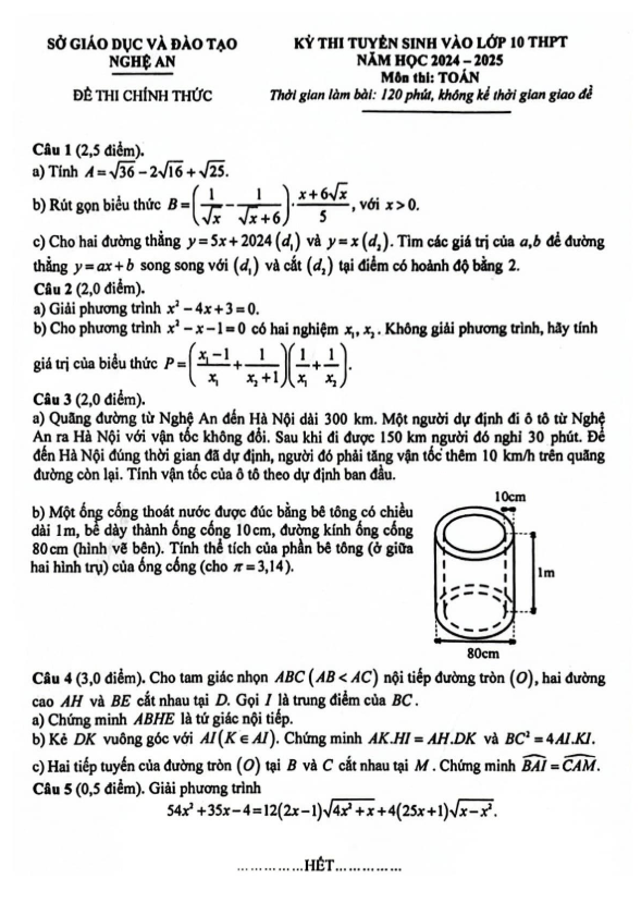 Đề tuyển sinh lớp 10 THPT môn Toán năm 2024 – 2025 sở GD&ĐT Nghệ An