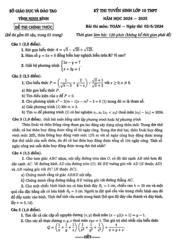 Đề tuyển sinh lớp 10 THPT môn Toán năm 2024 – 2025 sở GD&ĐT Ninh Bình