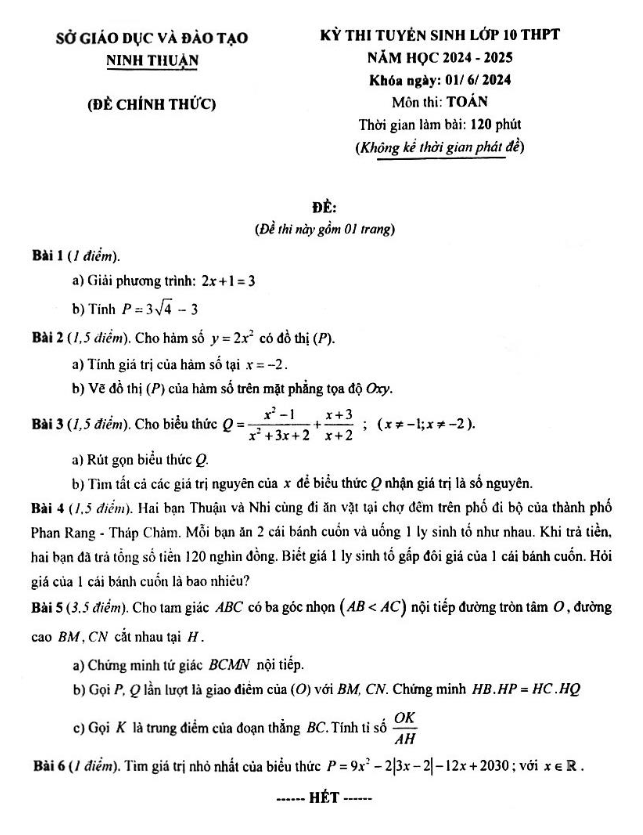 Đề tuyển sinh lớp 10 THPT môn Toán năm 2024 – 2025 sở GD&ĐT Ninh Thuận