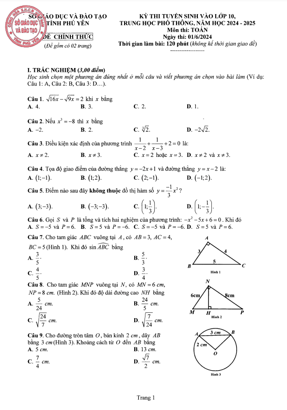 Đề tuyển sinh lớp 10 THPT môn Toán năm 2024 – 2025 sở GD&ĐT Phú Yên