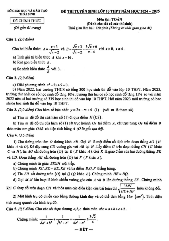 Đề tuyển sinh lớp 10 THPT môn Toán năm 2024 – 2025 sở GD&ĐT Thái Bình