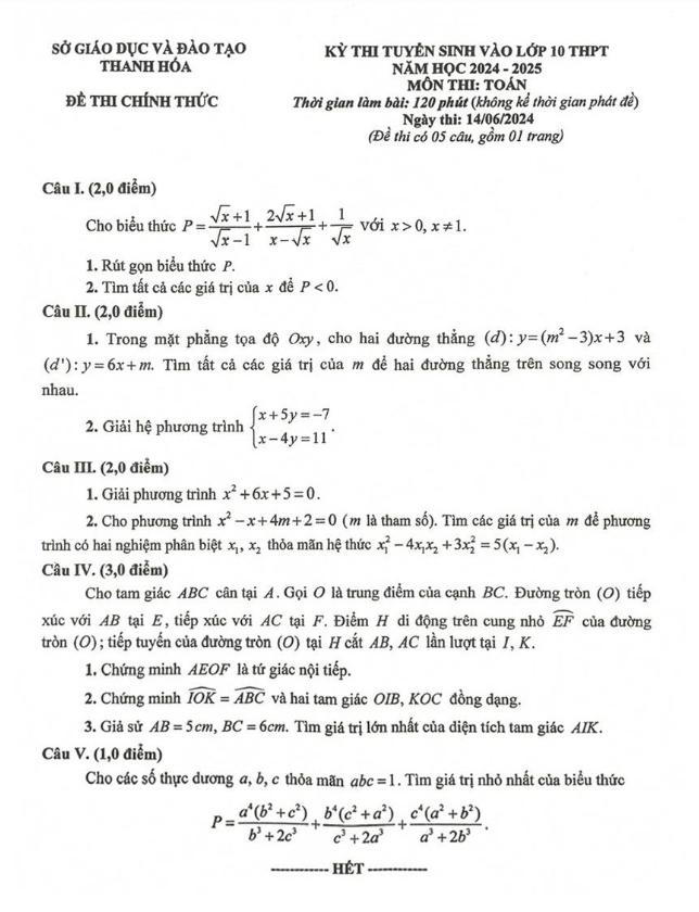 Đề tuyển sinh lớp 10 THPT môn Toán năm 2024 – 2025 sở GD&ĐT Thanh Hóa