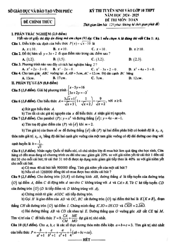 Đề tuyển sinh lớp 10 THPT môn Toán năm 2024 – 2025 sở GD&ĐT Vĩnh Phúc