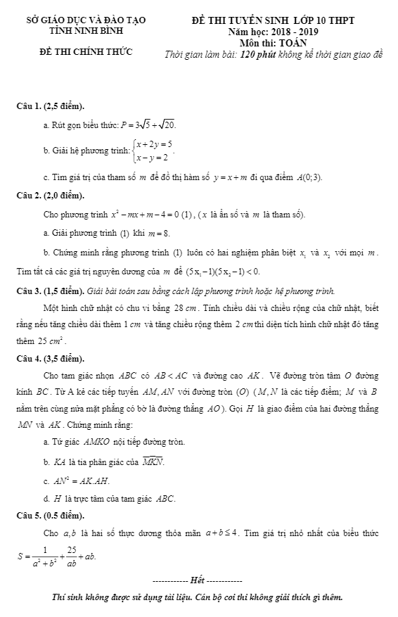 Đề tuyển sinh lớp 10 THPT năm 2018 – 2019 môn Toán sở GD và ĐT Ninh Bình