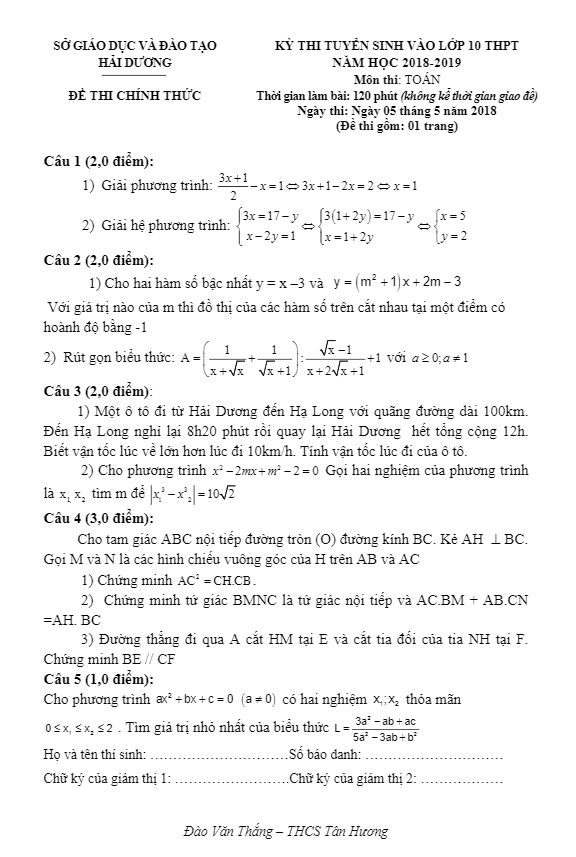 Đề tuyển sinh lớp 10 THPT năm 2018 – 2019 sở GD và ĐT Hải Dương