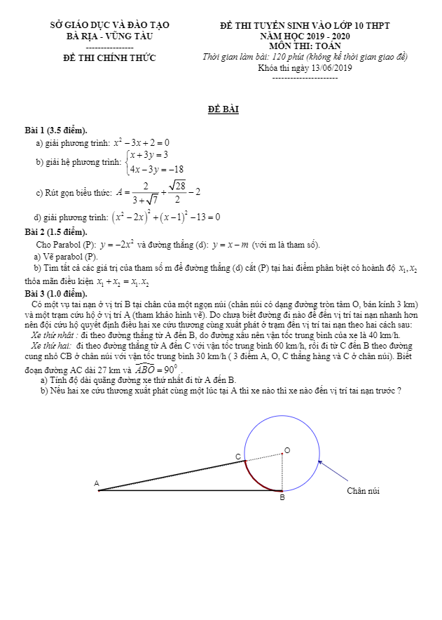 Đề tuyển sinh lớp 10 THPT năm 2019 – 2020 môn Toán sở GD&ĐT Bà Rịa – Vũng Tàu