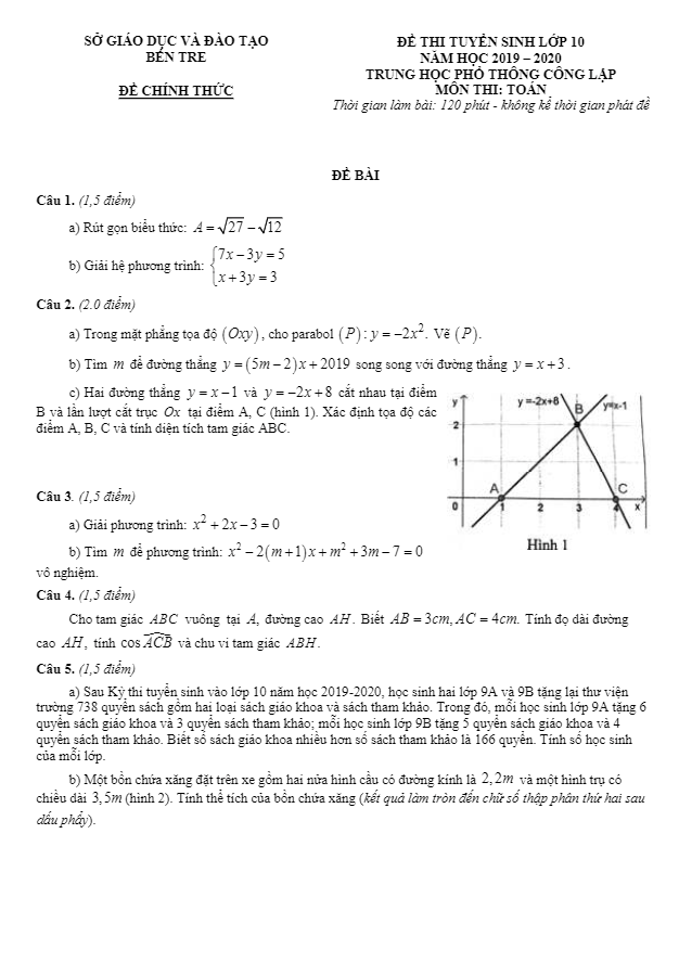 Đề tuyển sinh lớp 10 THPT năm 2019 – 2020 môn Toán sở GD&ĐT Bến Tre