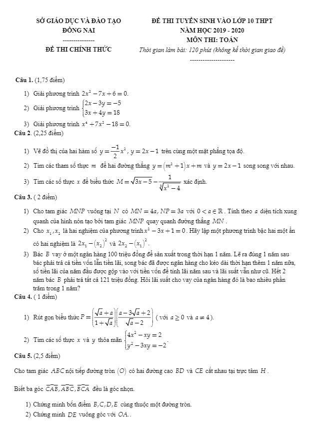 Đề tuyển sinh lớp 10 THPT năm 2019 – 2020 môn Toán sở GD&ĐT Đồng Nai