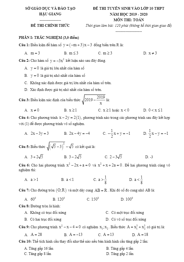 Đề tuyển sinh lớp 10 THPT năm 2019 – 2020 môn Toán sở GD&ĐT Hậu Giang