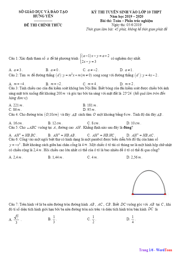 Đề tuyển sinh lớp 10 THPT năm 2019 – 2020 môn Toán sở GD&ĐT Hưng Yên