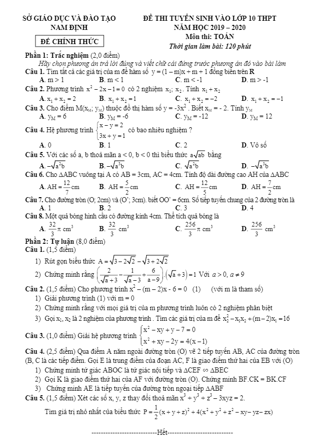 Đề tuyển sinh lớp 10 THPT năm 2019 – 2020 môn Toán sở GD&ĐT Nam Định