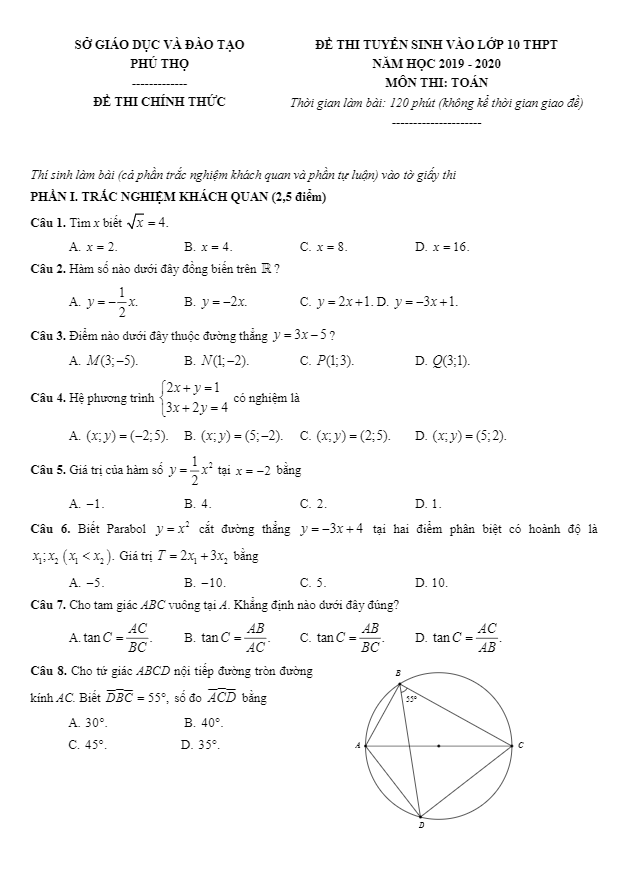 Đề tuyển sinh lớp 10 THPT năm 2019 – 2020 môn Toán sở GD&ĐT Phú Thọ