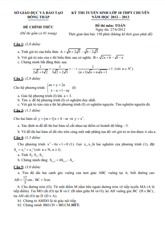 Đề tuyển sinh vào 10 chuyên môn Toán năm 2012 – 2013 sở GD&ĐT Đồng Tháp