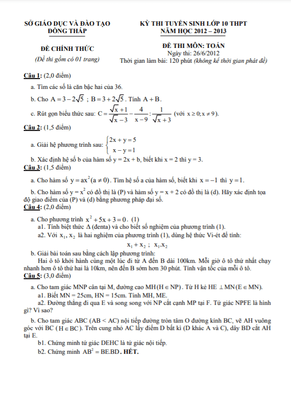 Đề tuyển sinh vào 10 môn Toán năm 2012 – 2013 sở GD&ĐT Đồng Tháp
