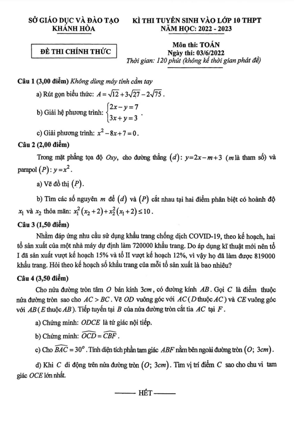 Đề tuyển sinh vào lớp 10 môn Toán năm 2022 – 2023 sở GD&ĐT Khánh Hòa