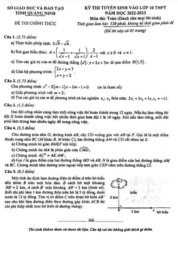 Đề tuyển sinh vào lớp 10 môn Toán năm 2022 – 2023 sở GD&ĐT Quảng Ninh